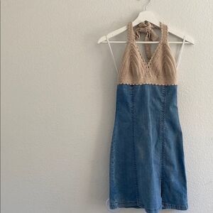 Y2K Vintage Wayne Rogers Crochet Halter Denim Dress